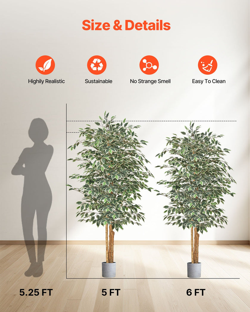 6FT Artificial Ficus Tree Tall Faux Plant With Black Pot For Indoor Decor