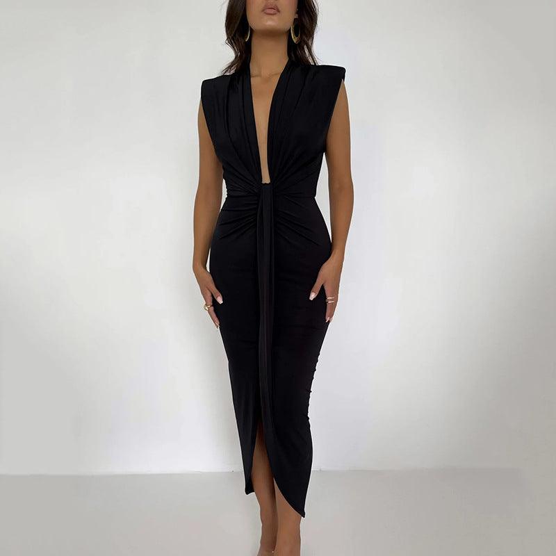 Pleated V-neck Autumn Women's Hot Girl Waist-slimming Long Dress
