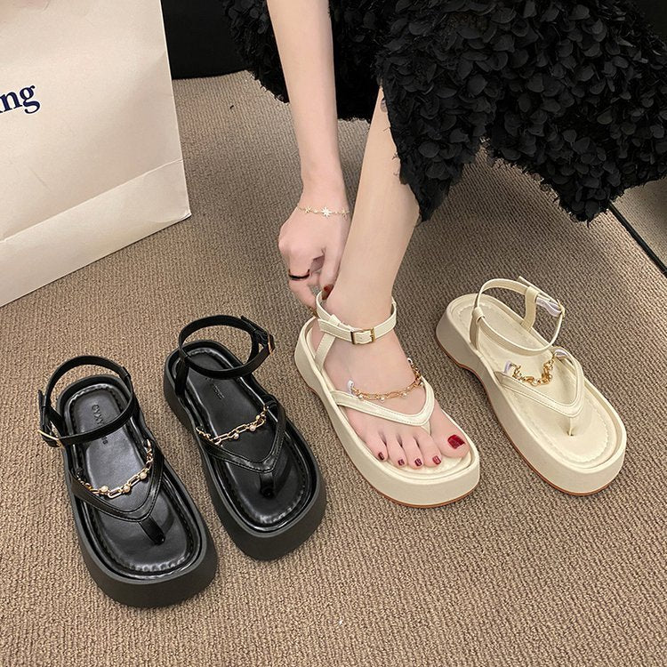 Summer Design Chain Sandals For Women Vintage Pearl Toeless Shoes