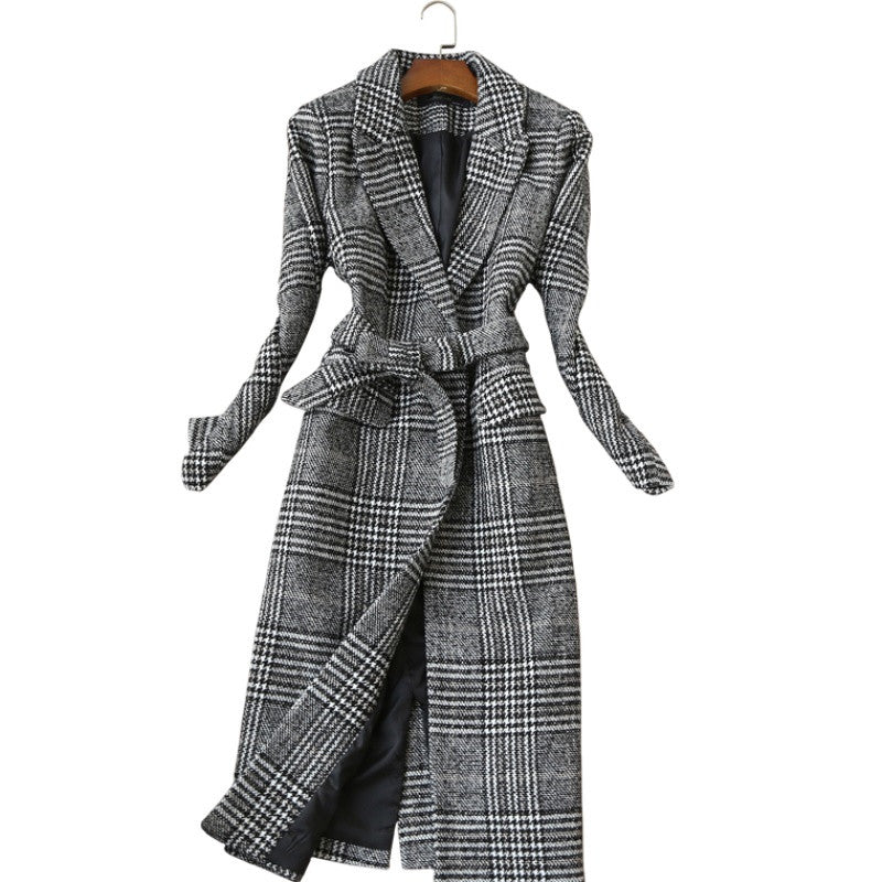 Was Thin Temperament Long Woolen Plaid Coat Woolen Coat