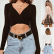 Ladies Summer Slim Crop Tops Long Sleeve T Shirt Casual Solid V Neck Knitted Short Tops