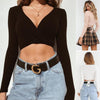 Ladies Summer Slim Crop Tops Long Sleeve T Shirt Casual Solid V Neck Knitted Short Tops