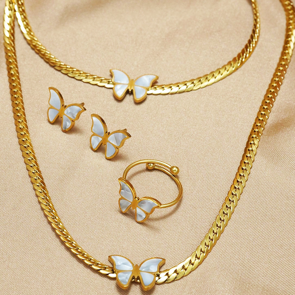 Lxalry 18K Gold Plated Butterfly Jewelry Set With Mirror Polish  Hypoallergenic Skin Safe 4PCS Necklace Earrings Bracelet Ring For Women, Never Fade Luxury Gift For Her