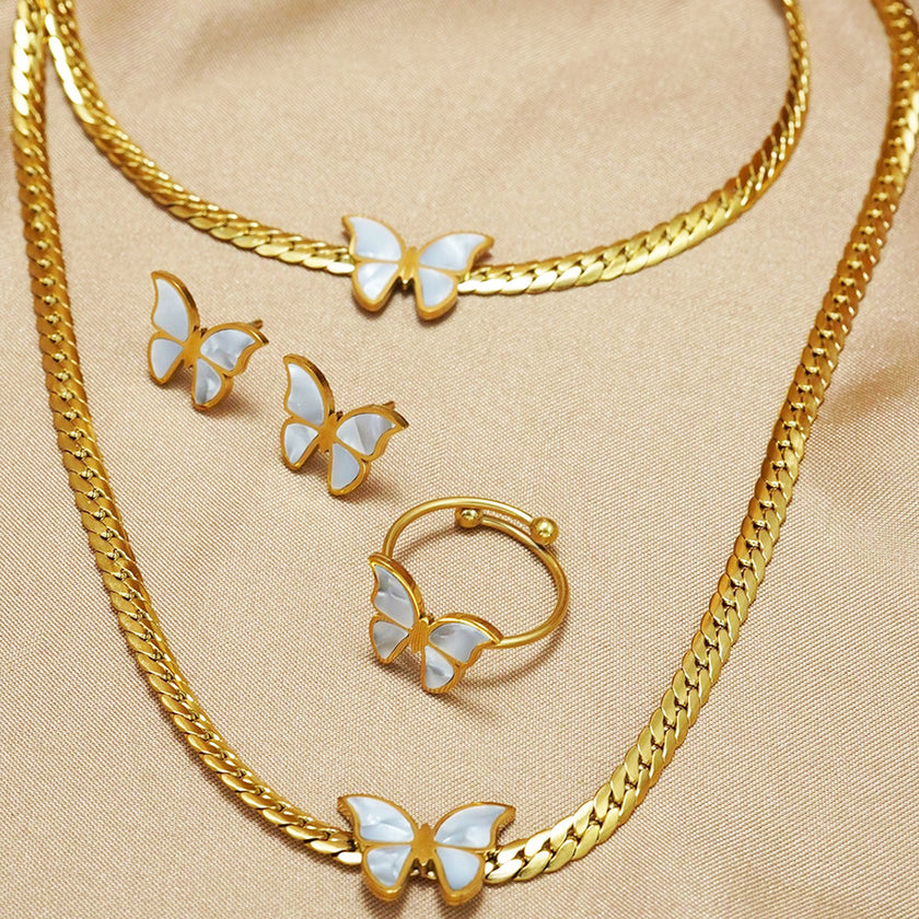Lxalry 18K Gold Plated Butterfly Jewelry Set With Mirror Polish  Hypoallergenic Skin Safe 4PCS Necklace Earrings Bracelet Ring For Women, Never Fade Luxury Gift For Her