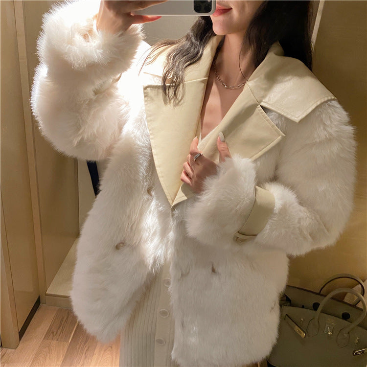 Gentle stitching leather for thin fur coat women