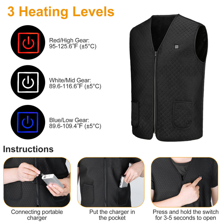 1Pc Heat Jacket Vest 3 Heating Gear Adjustable USB Heated Vest Warm Heat Coat Vest With 5 Heating Zones For Men Women Winter Outdoor Activity