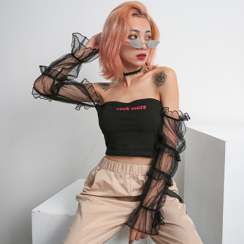 new sexy word shoulder tube top mesh long-sleeved umbilical shirt women