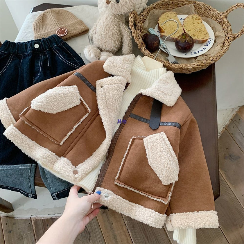 Girls Fleece-Lined Coat Winter Kids Lambswool Top