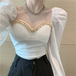 French Heart Machine Off-shoulder Chain Square Collar Top