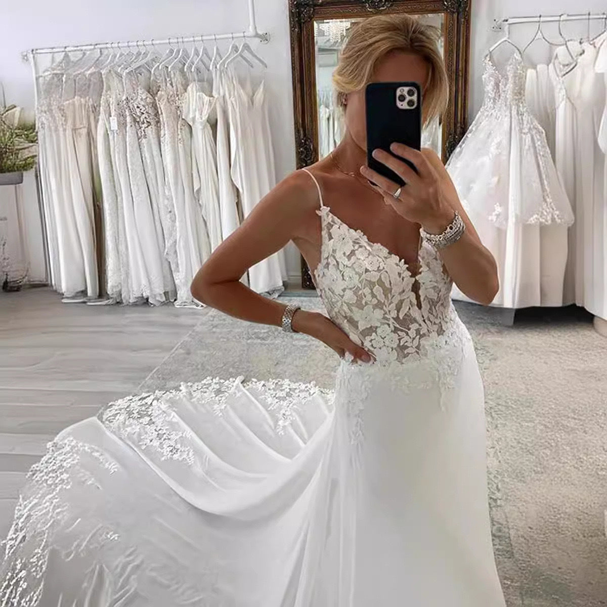 Strap Fishtail Wedding Dress Bridal Slim Satin Lace Dress