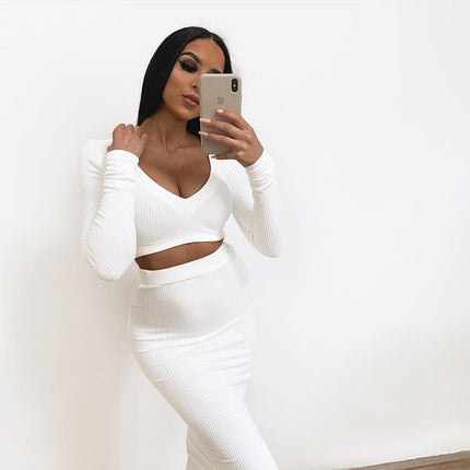 Cotton pit strip long sleeve two-piece skirt