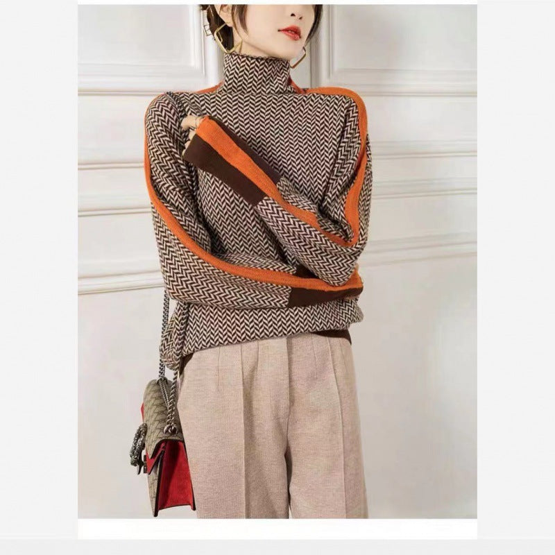 Lazy Loose Contrast Sleeves Fully Imitated Wool High Neck Sweater For Women
