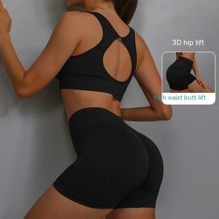 2pcs Sports Fitness Yoga Suit Breathable Hip-lifting Shorts Out Back Bra