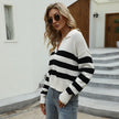 Cotton Knitted Top Women Loose Striped Contrast Color Pullover