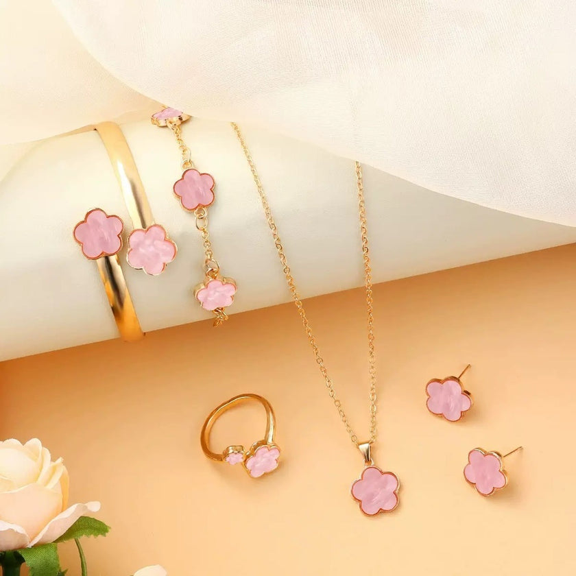 Five Petal Flower 5-piece Necklace Brace Lace Bracelet Stud Earrings Ring