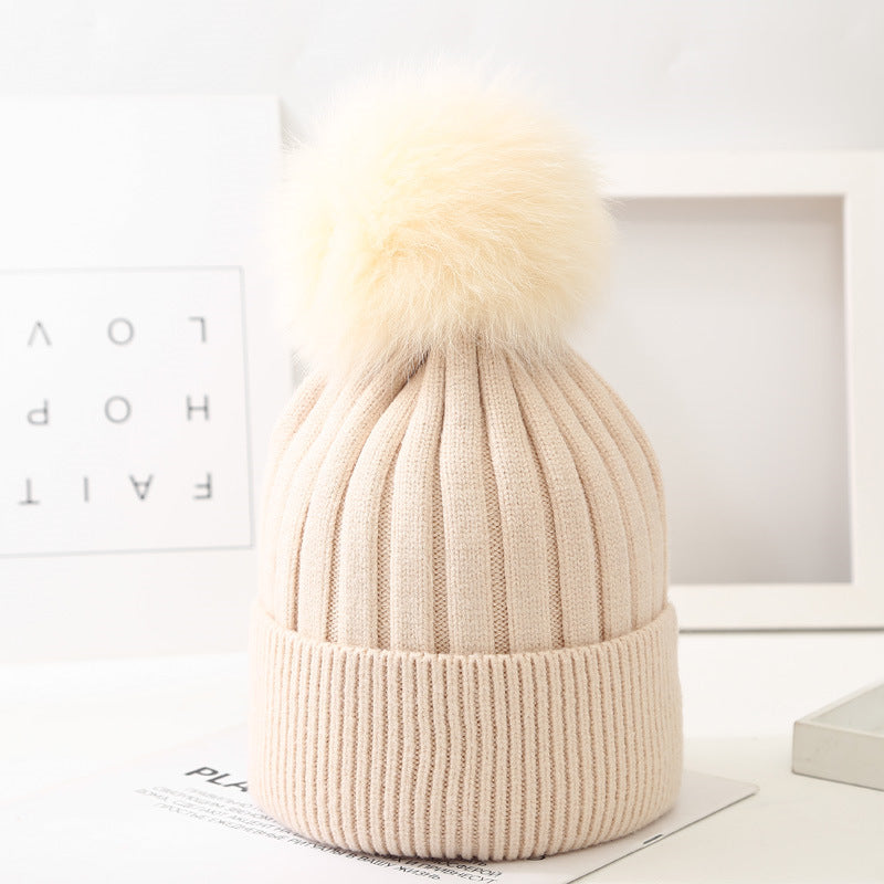 Boys And Girls Woolen Fox Fur Ball Knit Hat