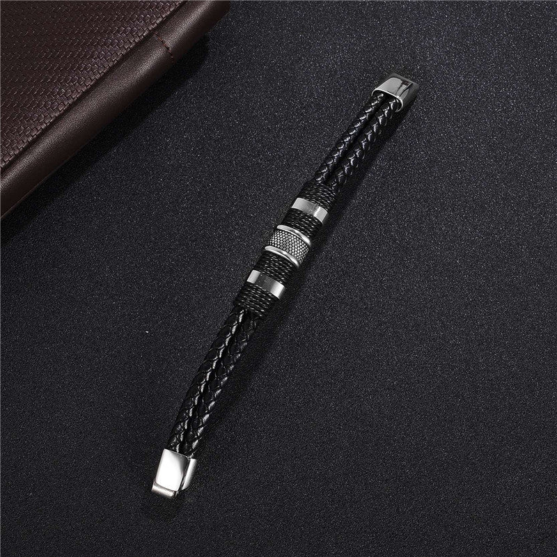 Black Braid Woven Leather Bracelet Titanium Stainless Steel Bracelet Men Bangle Men Jewelry Vintage Gift