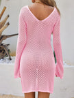 Saodimallsu Womens Crochet Swimsuit Coverup Summer Sexy V Neck Long Bell Sleeve Mesh Knit Bikini Cover Ups Beach Dresses