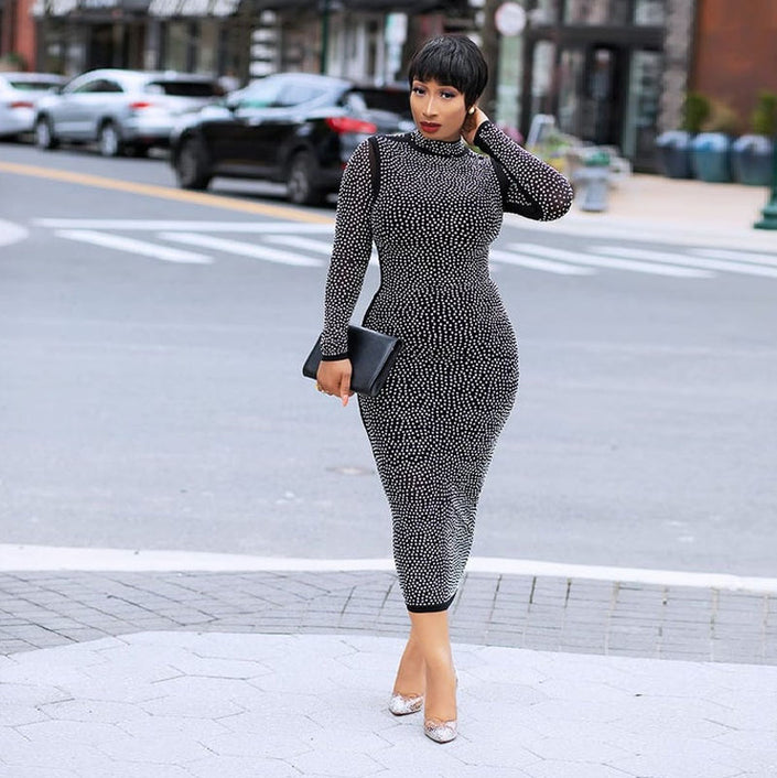 Long Sleeve Net Yarn Hot Rhinestone Dress Nightclub Dress
