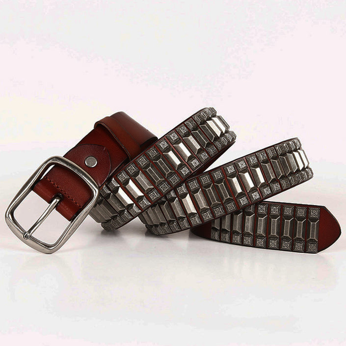 Pagoda Retro Belt Rivet Hip-Hop Top Layer Cowhide Unisex Belt For Men and Women