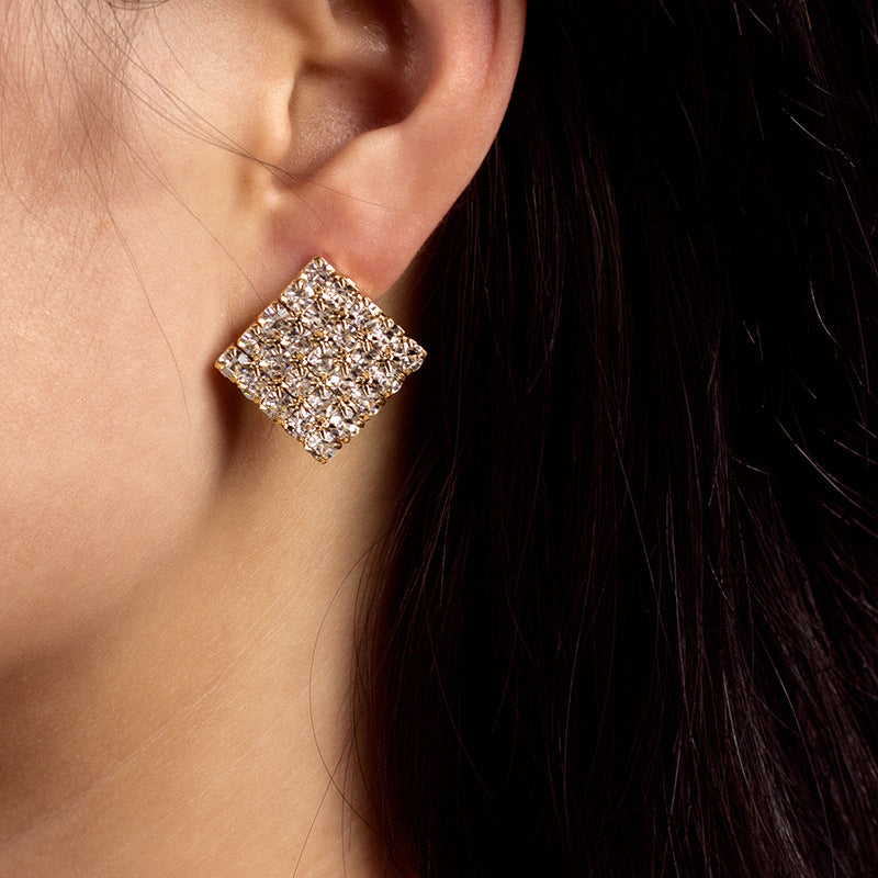 Square Over 25 Silver Stud Rhinestone-encrusted Vintage Earrings