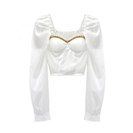 French Heart Machine Off-shoulder Chain Square Collar Top