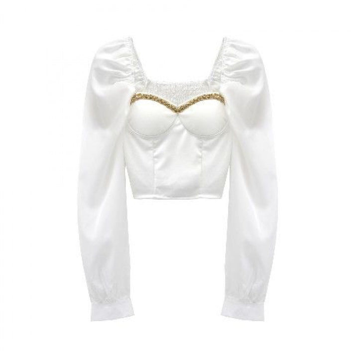 French Heart Machine Off-shoulder Chain Square Collar Top