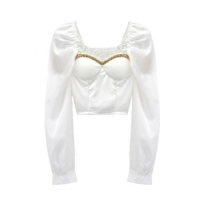 French Heart Machine Off-shoulder Chain Square Collar Top