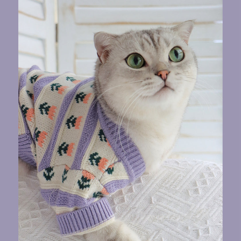 Retro Purple Flower Sweater Cute Pet Cat Dog Autumn And Winter Knitted Clothes