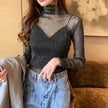 See-through Bright Silk Mesh Slim Fit Long-sleeved Bottoming Shirt For Women