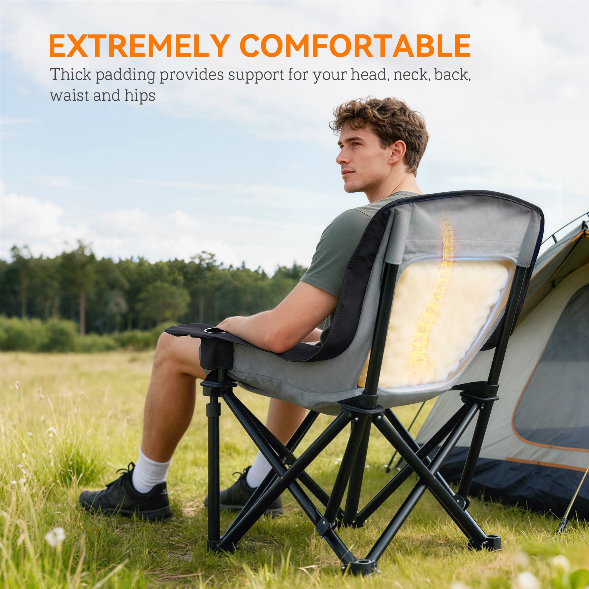Camping Chair For Adults, Portable Folding Camping Chair With Side Pockets, Cup Holders, Carry Bag, Black And Gray