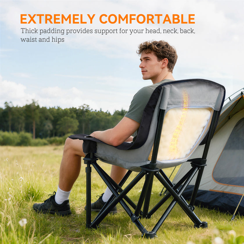 Camping Chair For Adults, Portable Folding Camping Chair With Side Pockets, Cup Holders, Carry Bag, Black And Gray