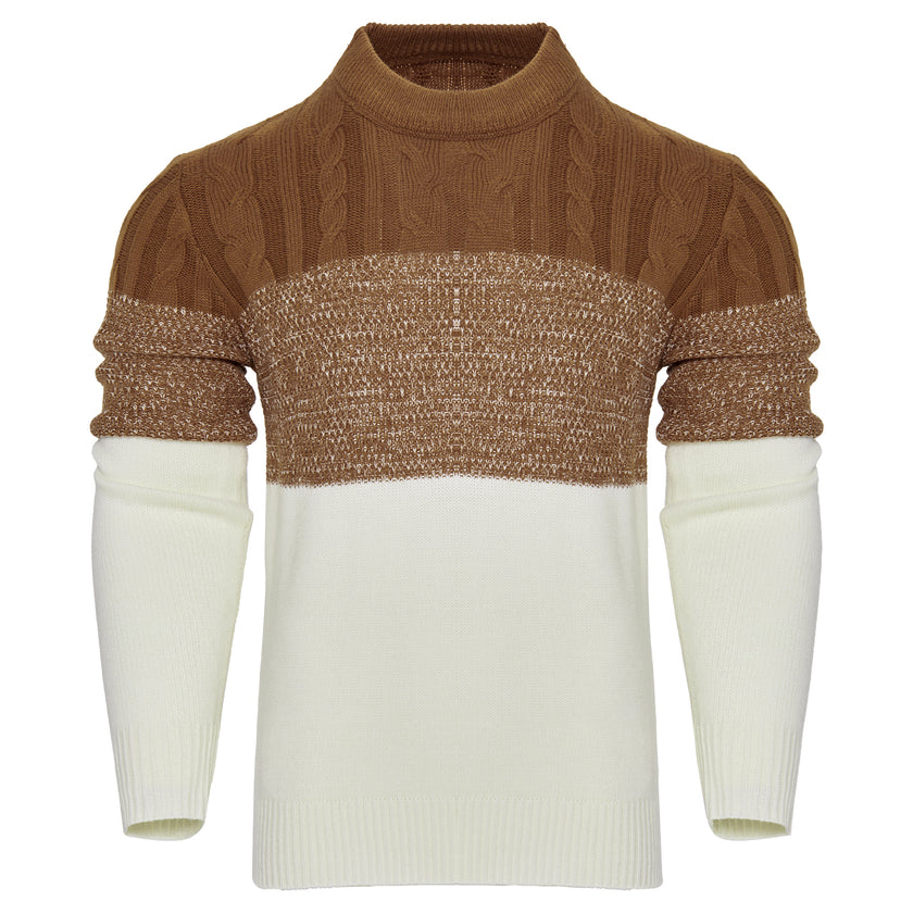 Men's Casual Color Block Long Sleeve Cable Knit Pullover Sweater