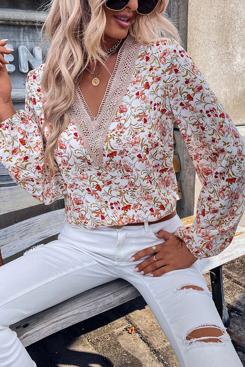 Loose Lace V-neck Chiffon Shirt For Women New Floral Printed Long-sleeved Top Women