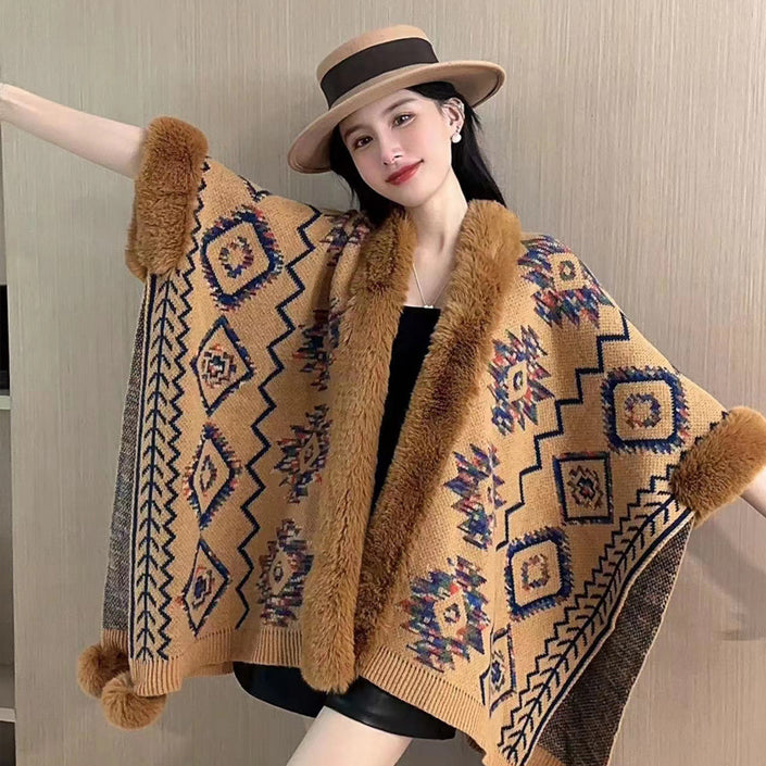 Ethnic Style Fur Ball Shawl Cape Cloak