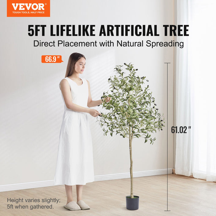 Artificial Olive Tree, 5 FT Tall Faux Plant, Secure PE Material & Anti-Tip Tilt Protection Low-Maintenance Plant, Lifelike Green Fake Potted Tree For Home Office Warehouse Decor Indoor Outdoor