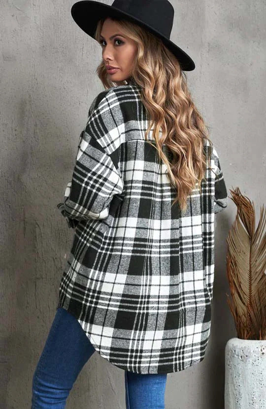 Lapel Single Breasted Shirt Women's Commuting Wear Loose Plaid