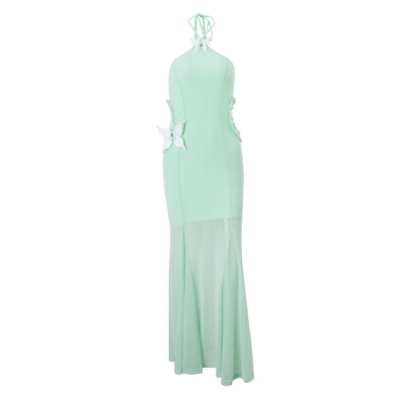 Off-shoulder Halter Butterfly Decoration Slim Fit Holiday Dress Women