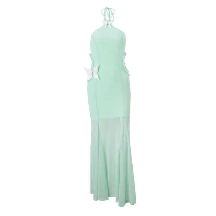 Off-shoulder Halter Butterfly Decoration Slim Fit Holiday Dress Women