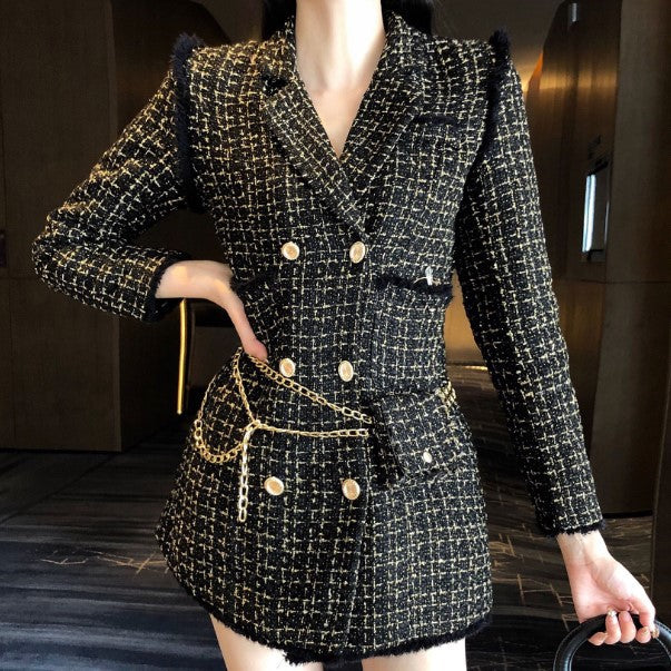 New Gold thread Plaid Suit Coat Women Notched Double breasted Feather Tassel Trim Slim Tweed Jacket With Free Belt bag