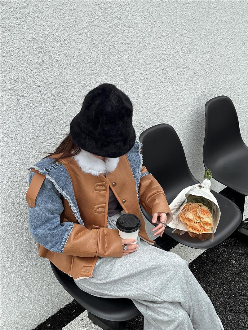 Splice Denim Lamb Fur Coat Women