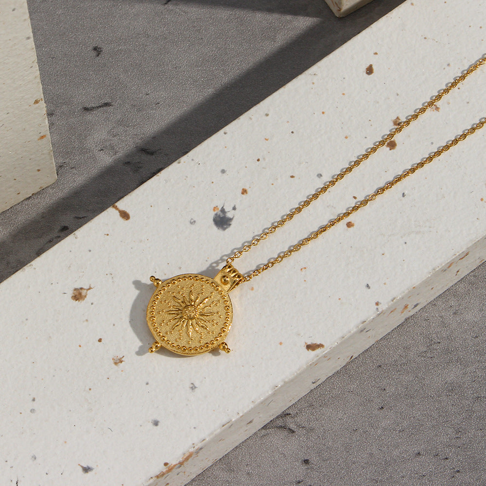 Stainless Steel Plated 18K Gold Vintage Sun Compass Pendant Necklace