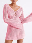 Saodimallsu Womens Crochet Swimsuit Coverup Summer Sexy V Neck Long Bell Sleeve Mesh Knit Bikini Cover Ups Beach Dresses