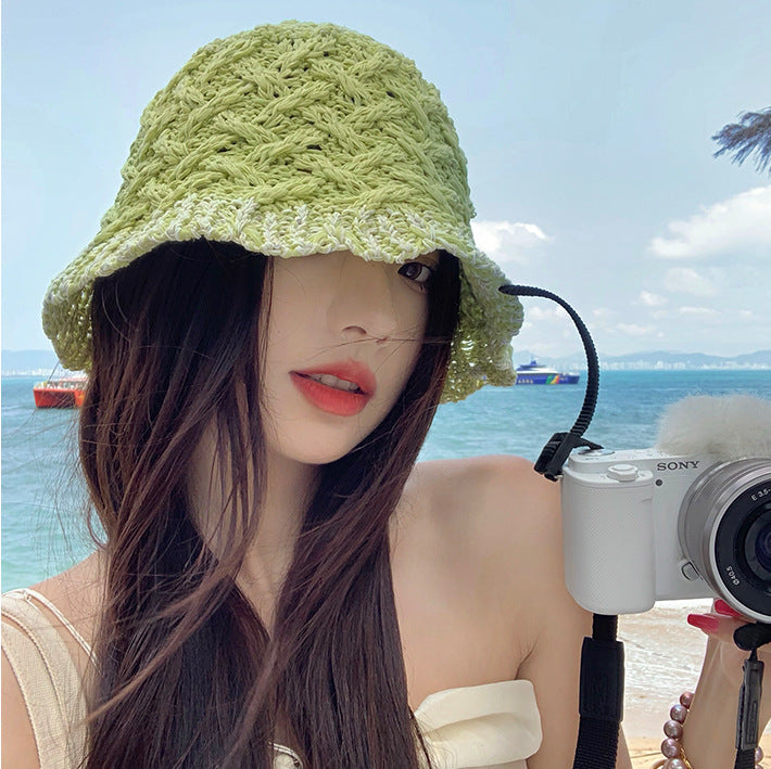 Hollow Straw Bucket Hat Breathable Twist Female
