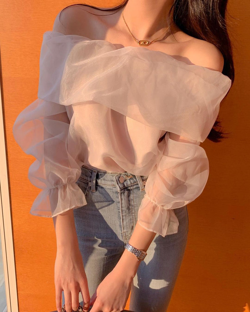 Women's One-shoulder Super Fairy Design Transparent Mesh Top