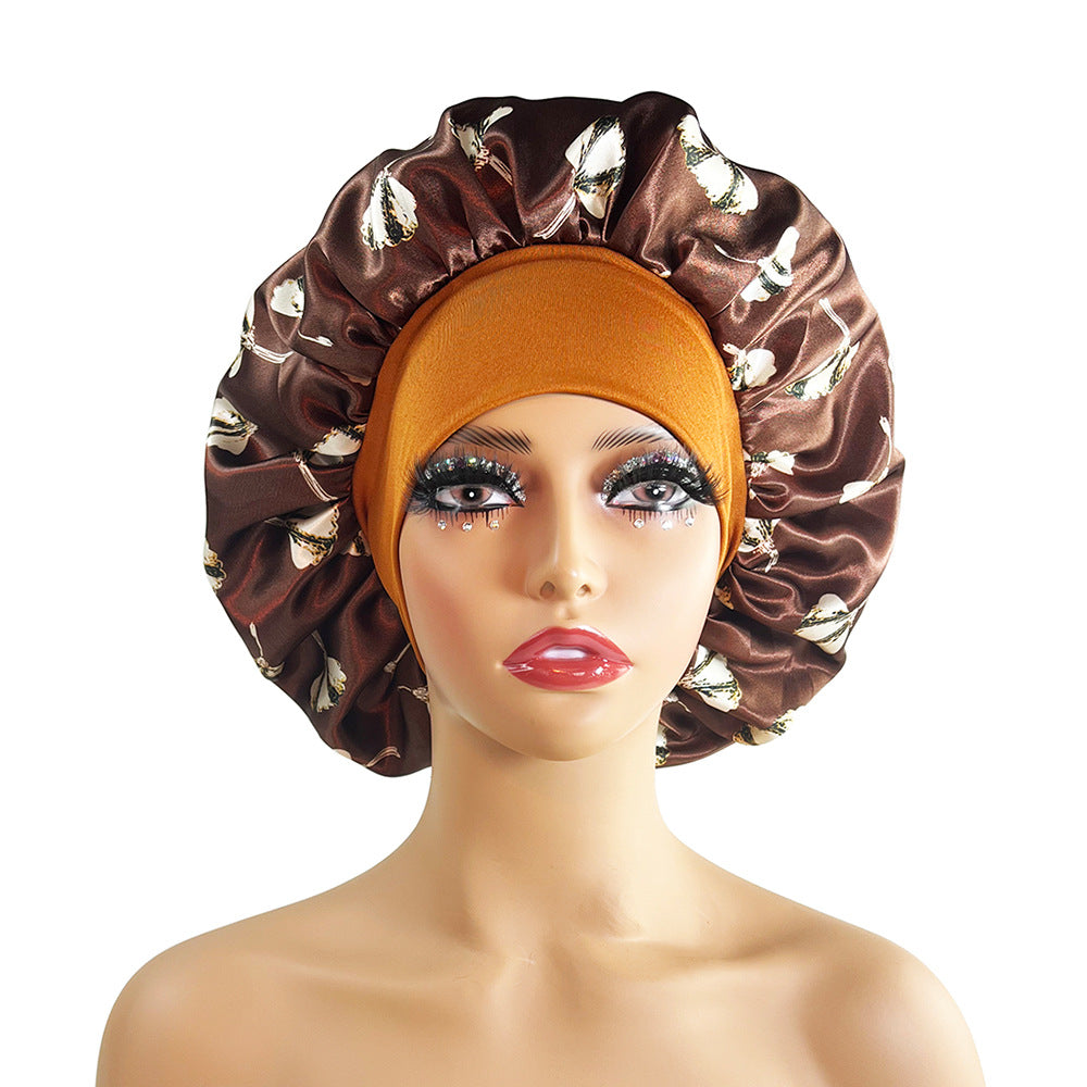 Wide-brimmed Satin Nightcap Printed Round Cap Cross-border New Arrival Printed Home Hat Soft Shower Cap Plus-sized