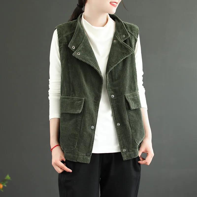 Double-layer Corduroy Cardigan Vest Women's Coat Waistcoat Lapel Top Retro