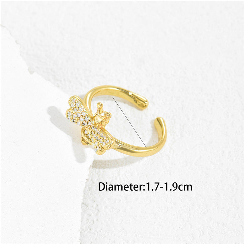 Copper Plated Real Gold Micro Inlaid Zircon Cute Little Bee Ring