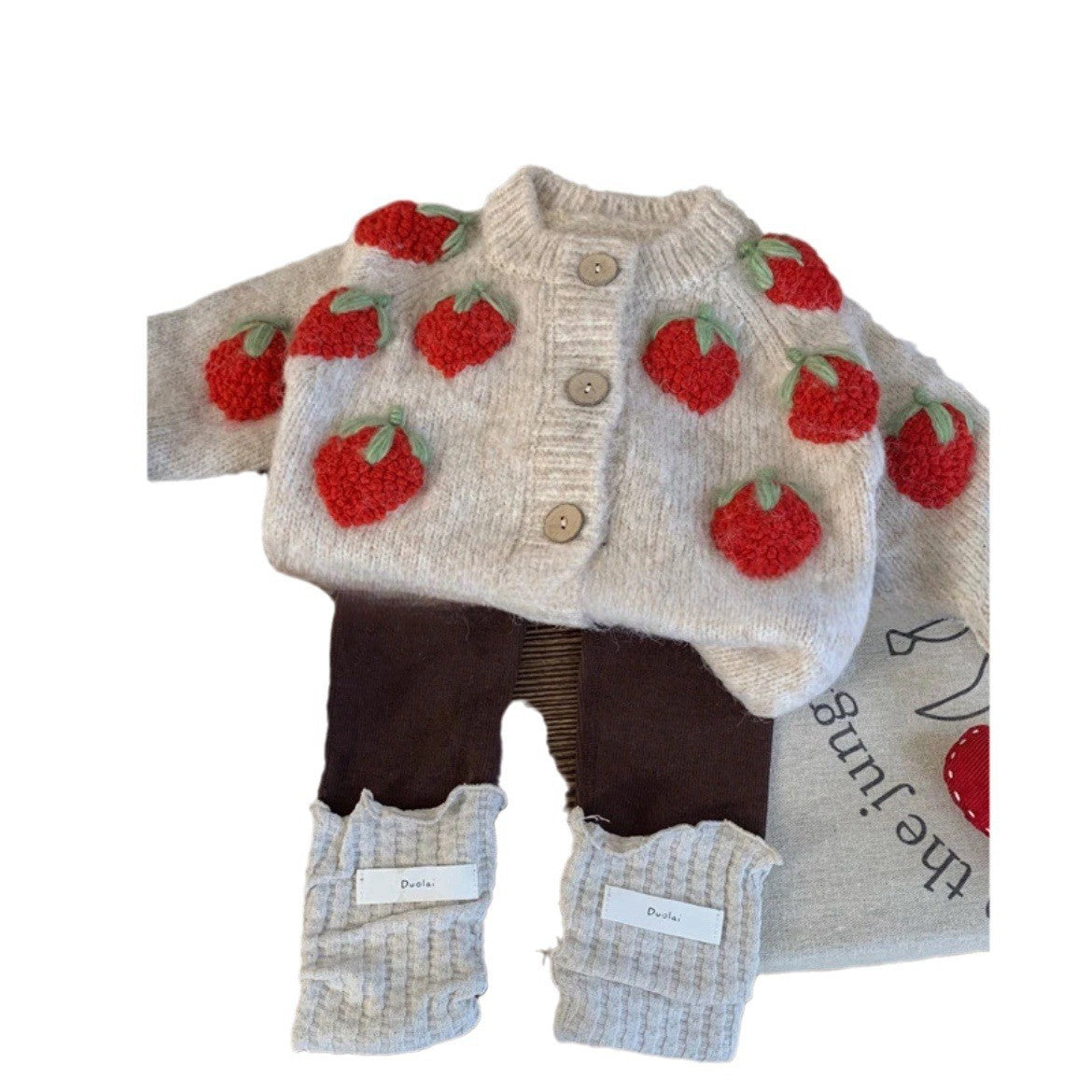 Baby Strawberry Knitted Coat Cardigan Two-piece Set