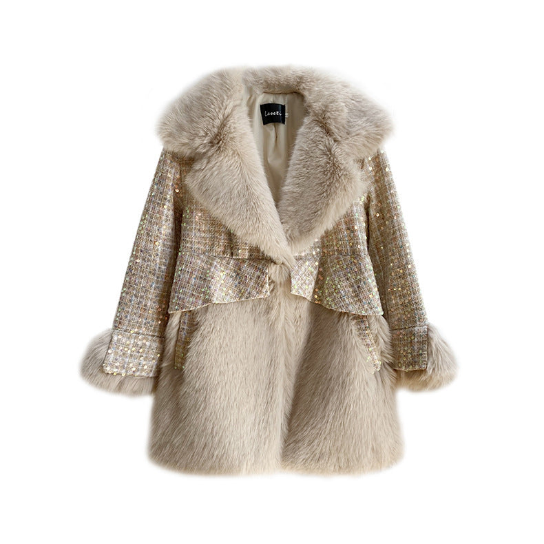 Women's Fashionable Sequins Wool Fur Coat
